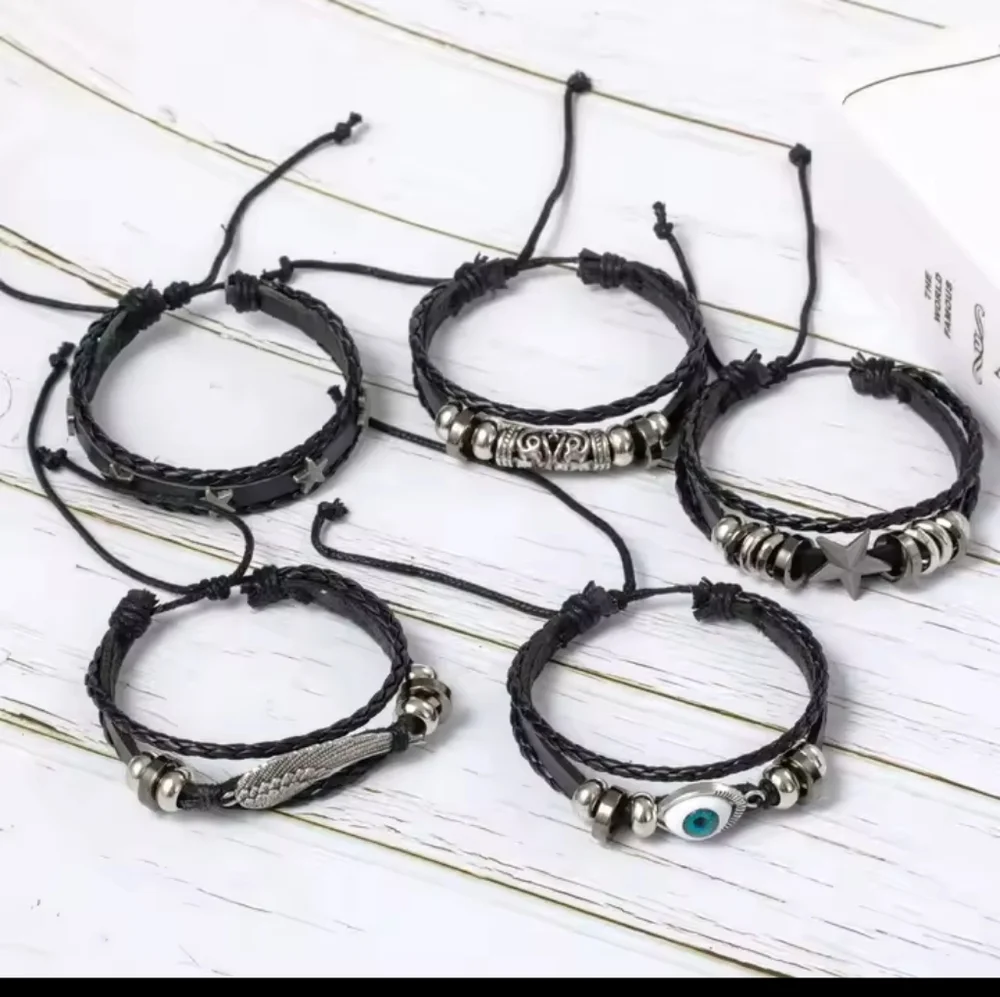 Men's Bracelets Set Leather 5pc Evil Eye Wing Star‎ Layered f21